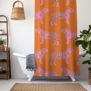 Schattige Boho Oranje en Roze Tijger Kunstpatroon Douchegordijn