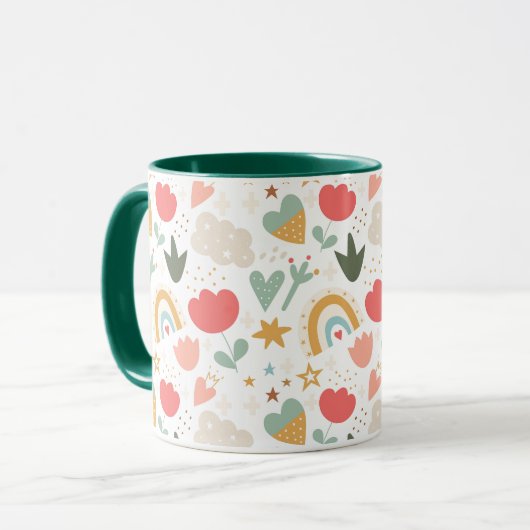 Schattige Boho Regenbogen, Harten en Bloemen Mok (Voorkant links)