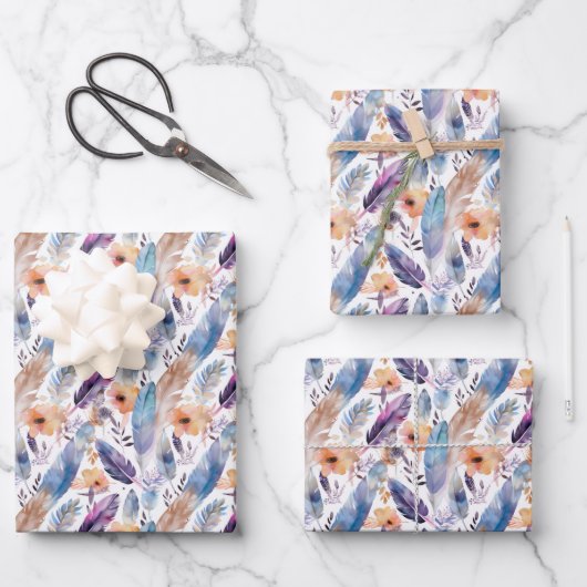 schattige Boho veren bloemen betegelde partij Inpakpapier Vel (Voorkant)