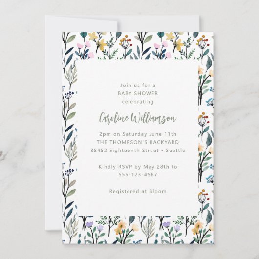 Schattige Boho Waterverf Wildflower Baby shower Kaart (Voorkant)