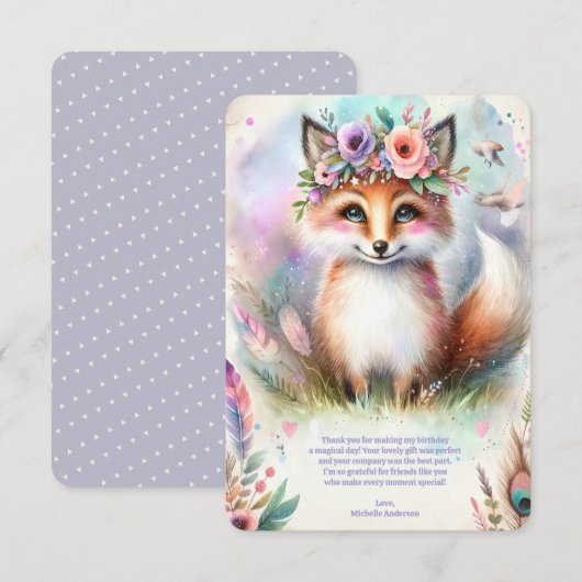 Schattige Boho Waterverf Woodland Fox Verjaardagsf Bedankkaart (Voorkant / Achterkant)