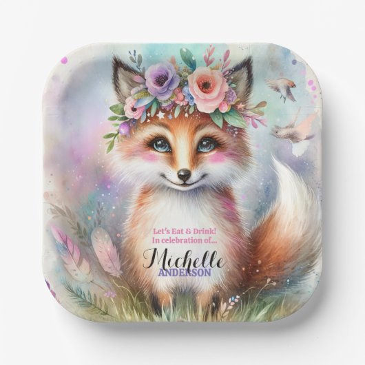 Schattige Boho Waterverf Woodland Fox Verjaardagsf Papieren Bordje (Voorkant)