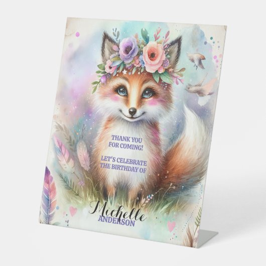 Schattige Boho Waterverf Woodland Fox Verjaardagsf Reclamebord Met Voetstuk (Voorkant)