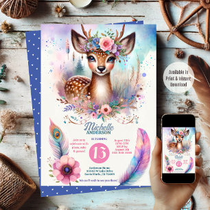 Schattige Boho Waterverf Woodland Herten Verjaarda Kaart