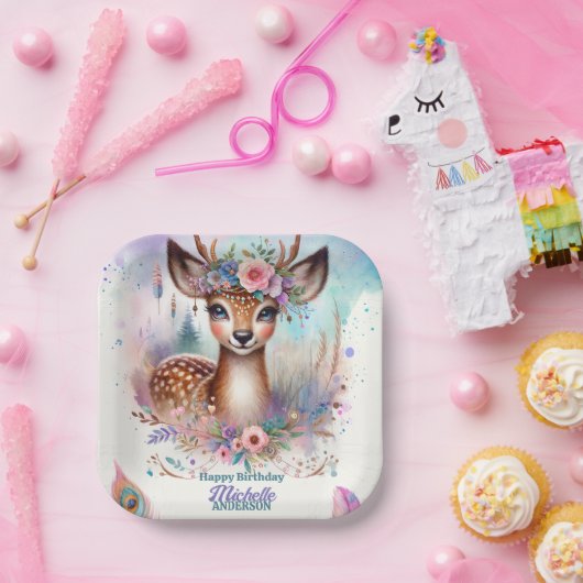 Schattige Boho Waterverf Woodland Herten Verjaarda Papieren Bordje (Feest)