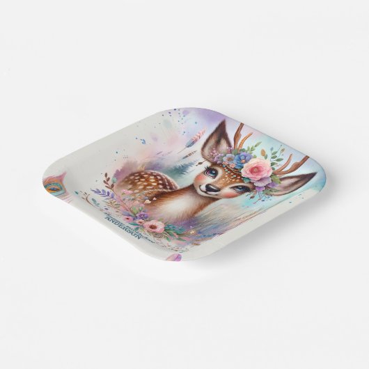 Schattige Boho Waterverf Woodland Herten Verjaarda Papieren Bordje (Gebogen)