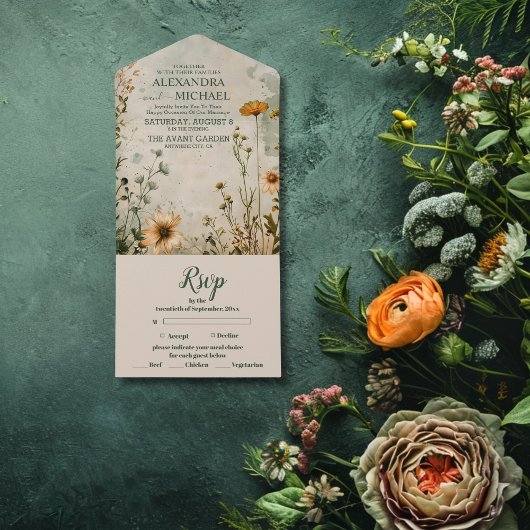 Schattige boho weide kleine wilde bloem bruiloft all in one uitnodiging