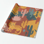 Schattige Boho Woestijnkatten Cactus Succulent Pat Cadeaupapier (Uitgerold)