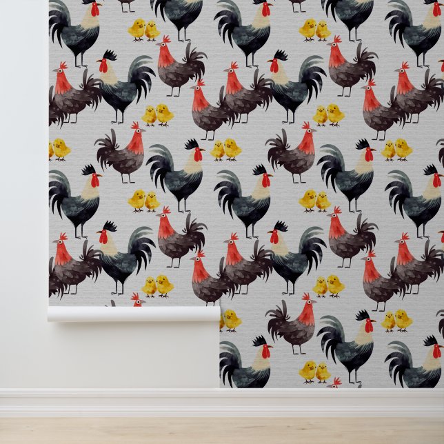 Schattige Bold Cartoon Rooster Chicken Chicks Boer Behang (Applicatie)