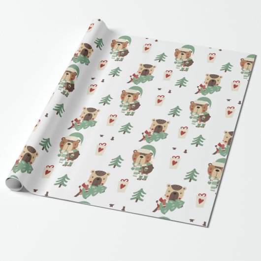 Schattige bomen | Teddybeer Kerstmis Cadeaupapier (Uitgerold)