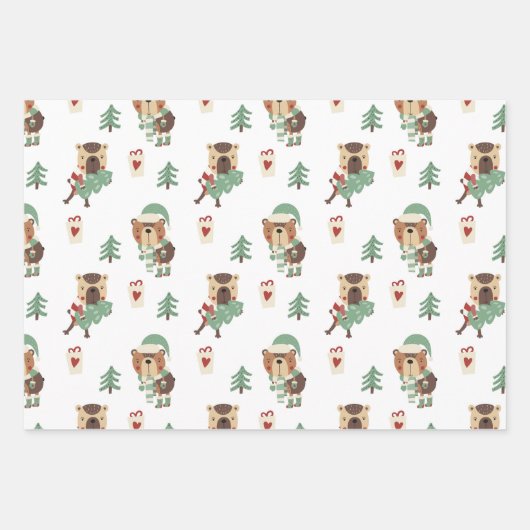 Schattige Bomen | Teddybeer Kerstmis Inpakpapier Vel (Voorkant)