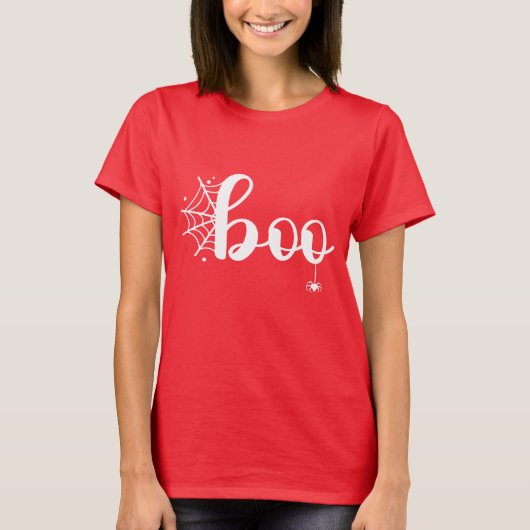 Schattige "Boo" Halloween-script met Spider en Web T-shirt (Voorkant)