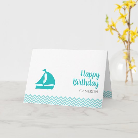 Schattige Boot op Ocean Waves Custom Verjaardag Kaart (Gele Bloem)