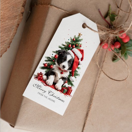 Schattige Border Collie Christmas Puppy gepersonal Cadeaulabel