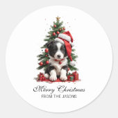 Schattige Border Collie Christmas Puppy gepersonal Ronde Sticker (Voorkant)