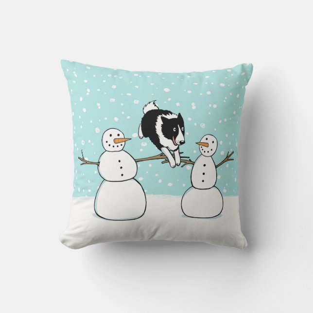 Schattige Border Collie Hond met Sneeuwmannen Kers Kussen (Voorkant)