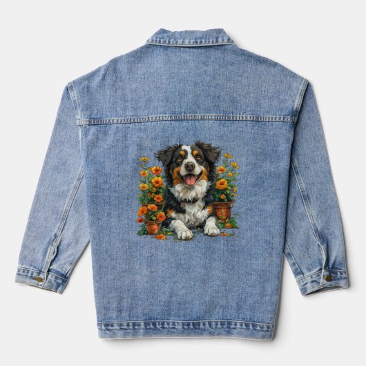 Schattige Border Collie in Flowers Denim Jacket (Achterkant)