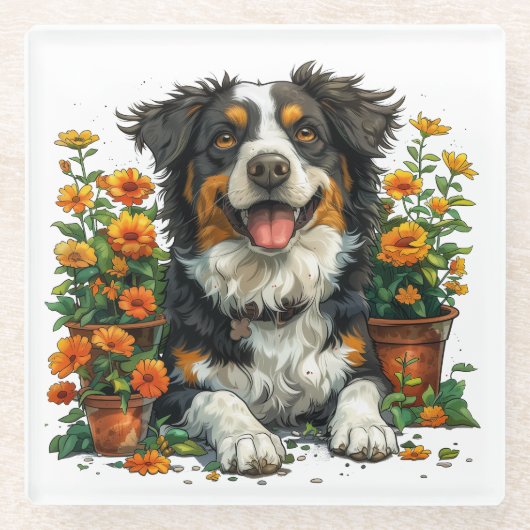 Schattige Border Collie in Flowers Glazen Onderzetter (Voorkant)