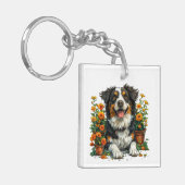 Schattige Border Collie in Flowers Sleutelhanger (Voorkant Links)