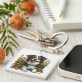 Schattige Border Collie in Flowers Sleutelhanger (Voorkant Rechts)