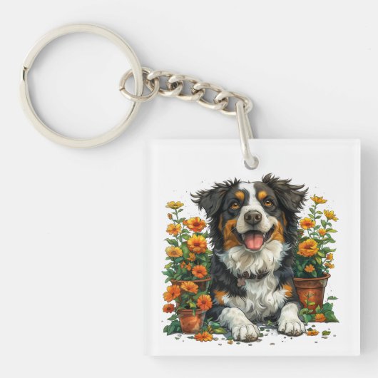 Schattige Border Collie in Flowers Sleutelhanger (Voorkant)