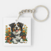 Schattige Border Collie in Flowers Sleutelhanger (Achterkant)