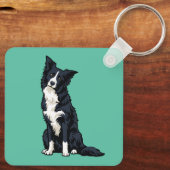 Schattige Border Collie Kop Scheef Sleutelhanger (Achterkant)