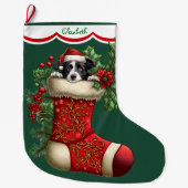 Schattige Border Collie Peeking Grote Kerstsok (Voorkant)