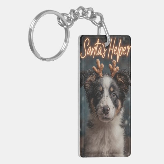 Schattige Border Collie Puppy als Santa's Helper Sleutelhanger (Voorkant Links)