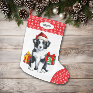 Schattige Border Collie Puppy Santa Hat Sneeuwvlok Grote Kerstsok