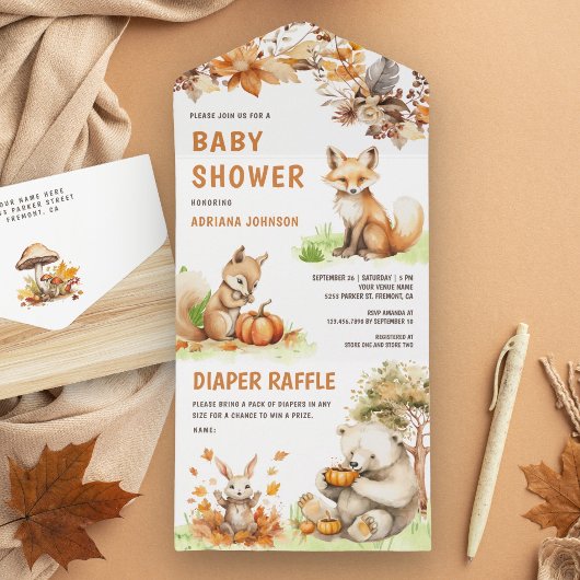 Schattige Bos Dieren Herfst Herfst Baby shower All In One Uitnodiging