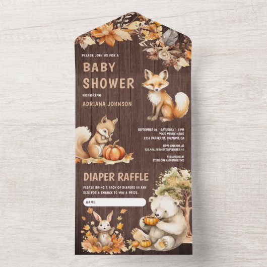 Schattige Bos Dieren Herfst Herfst Hout Baby showe All In One Uitnodiging (Binnen)