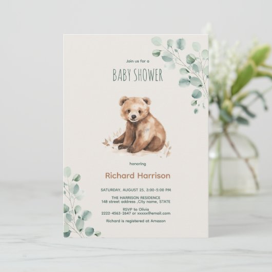 Schattige bos laat beer baby shower uitnodigen kaart (Staand voorkant)