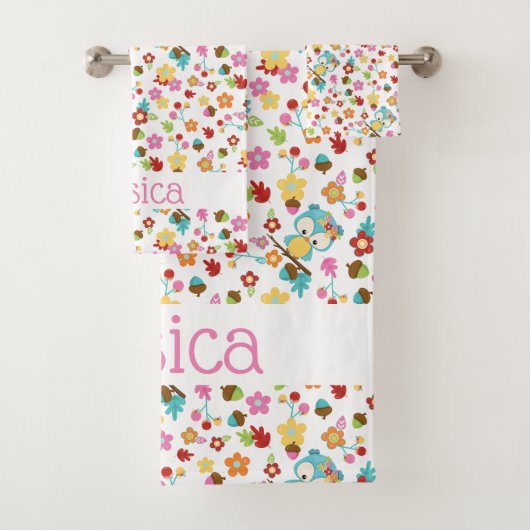 Schattige Bos Uil Floral Baby Meisje Gepersonalise Bad Handdoek (Insitu)