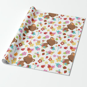 Schattige bosbeer en bloemen baby meisje babyshowe cadeaupapier