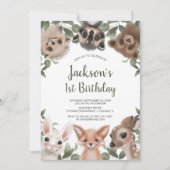 Schattige bosbeesten jongens 1e verjaardagsfeestje kaart (Voorkant)
