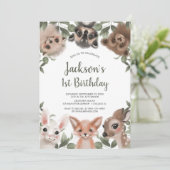 Schattige bosbeesten jongens 1e verjaardagsfeestje kaart (Staand voorkant)