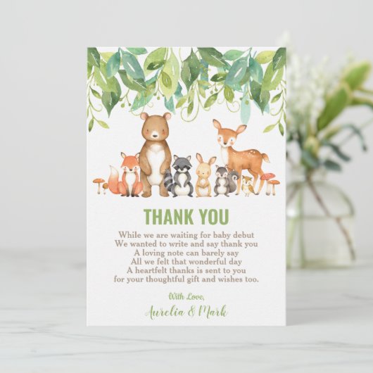 Schattige bosdieren Baby shower Boy Neutral Bedankkaart (Staand voorkant)