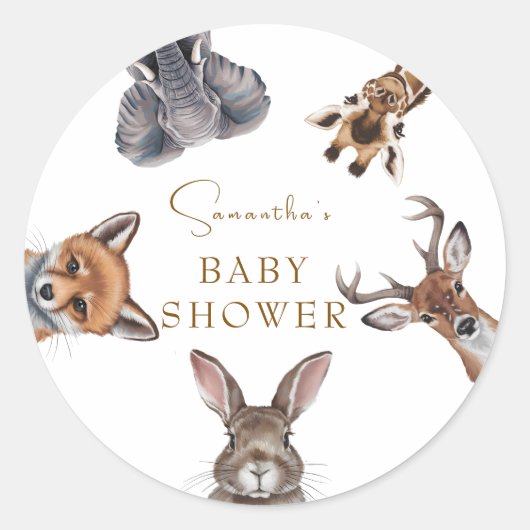 Schattige bosdieren baby shower gunsten ronde sticker (Voorkant)
