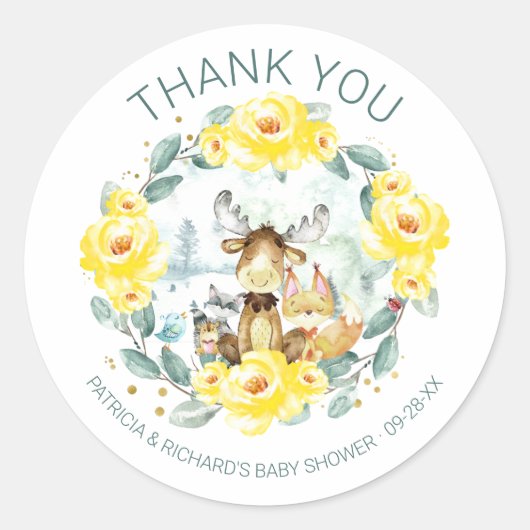 Schattige bosdieren bloemengroen Baby shower Ronde Sticker (Voorkant)