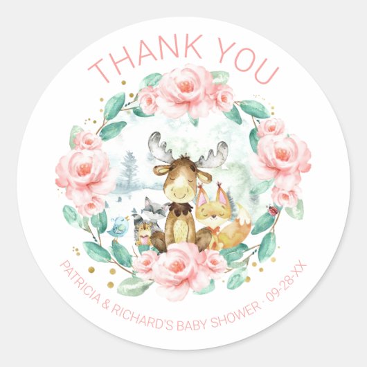 Schattige bosdieren bloemengroen Baby shower Ronde Sticker (Voorkant)