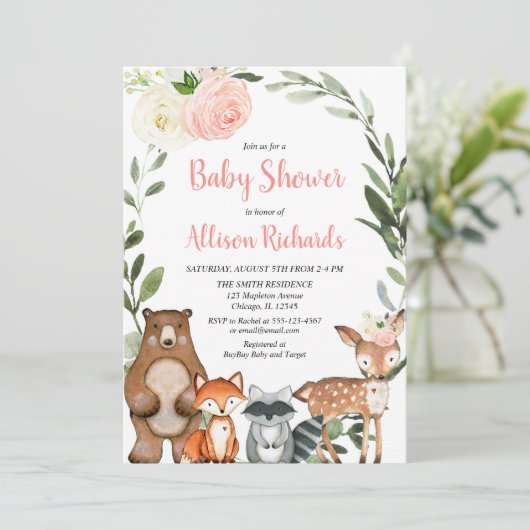 Schattige bosdieren bloemenmeisje baby shower kaart (Staand voorkant)