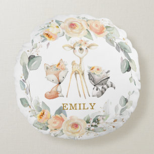 Schattige bosdieren geel bloemengroen rond kussen