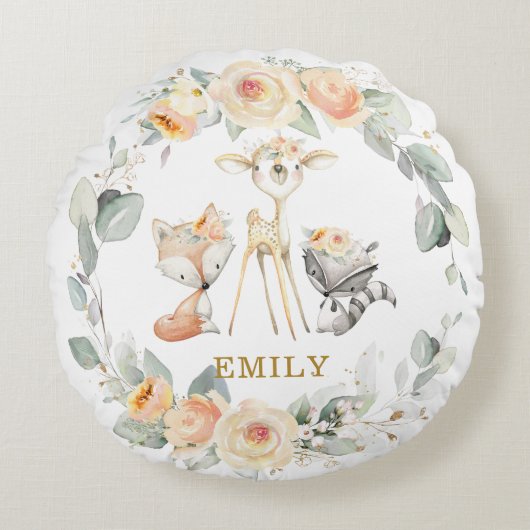 Schattige bosdieren geel bloemengroen rond kussen (Voorkant)