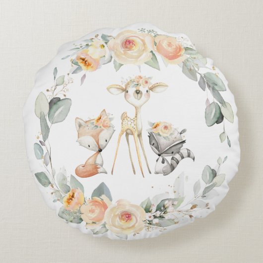 Schattige bosdieren geel bloemengroen rond kussen (Achterkant)