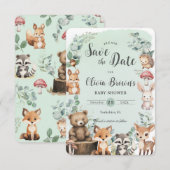 Schattige bosdieren groen Baby shower Save The Date (Voorkant / Achterkant)