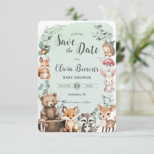 Schattige bosdieren groen Baby shower Save The Date (Staand voorkant)