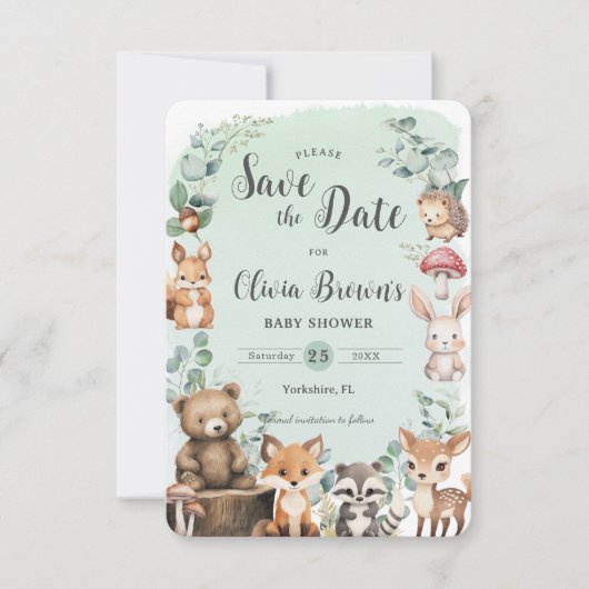 Schattige bosdieren groen Baby shower Save The Date (Voorkant)