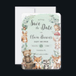 Schattige bosdieren groen Baby shower Save The Date<br><div class="desc">Personaliseer dit schattige bosgebied en bespaar de datum gemakkelijk en snel. Klik op de knop Bewerken met ontwerpgereedschappen om de tekst verder te bewerken,  lettertypen en lettertypekleuren te wijzigen. Met schattige baby bosdieren. Overeenkomende objecten beschikbaar in de winkel. c) Somerset Fine Paperie</div>