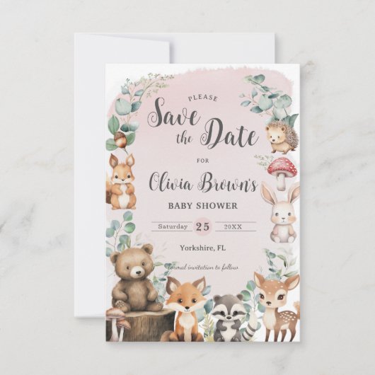 Schattige bosdieren groen roze Baby shower Save The Date (Voorkant)